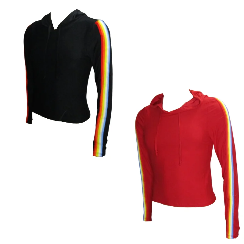 Ladies LS Hoodie Top W/ Multi-Color Stripe Taping Sleeves Hoodie with Zipper Versatile Modern Ladies LS Hoodie Top W/ Multi-Color Stripe Taping Sleeves Hoodie with Zipper Versatile Modern