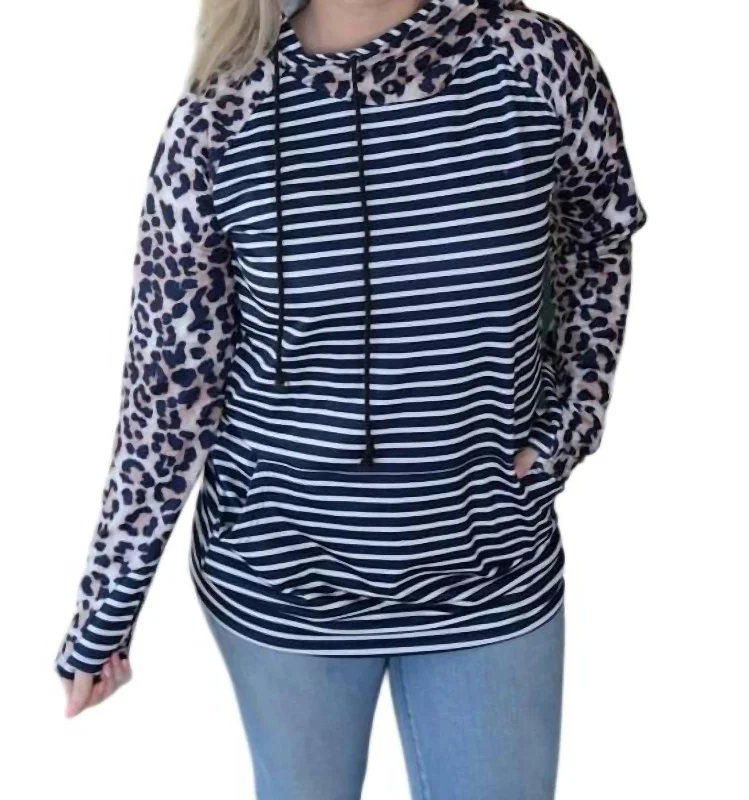 Leopard & Striped Double Hoodie In Blue/white Hoodie with Belted Waist Structured Tailored Leopard & Striped Double Hoodie In Blue/white Hoodie with Belted Waist Structured Tailored
