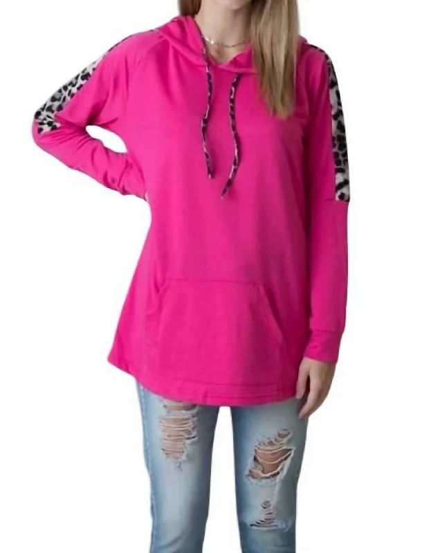 Leopard Trimmed Hoodie In Pink Hoodie with Hem Frayed Vintage Worn