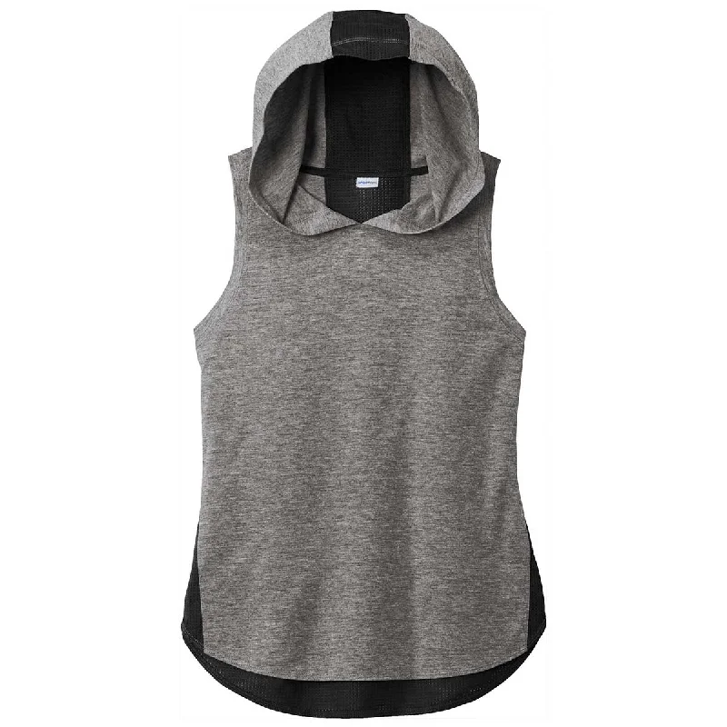 Sport-Tek Women's Black/Dark Grey Heather PosiCharge Tri-Blend Wicking Draft Hoodie Tank Hoodie with Slim Fit Tailored Modern Sport-Tek Women's Black/Dark Grey Heather PosiCharge Tri-Blend Wicking Draft Hoodie Tank Hoodie with Slim Fit Tailored Modern