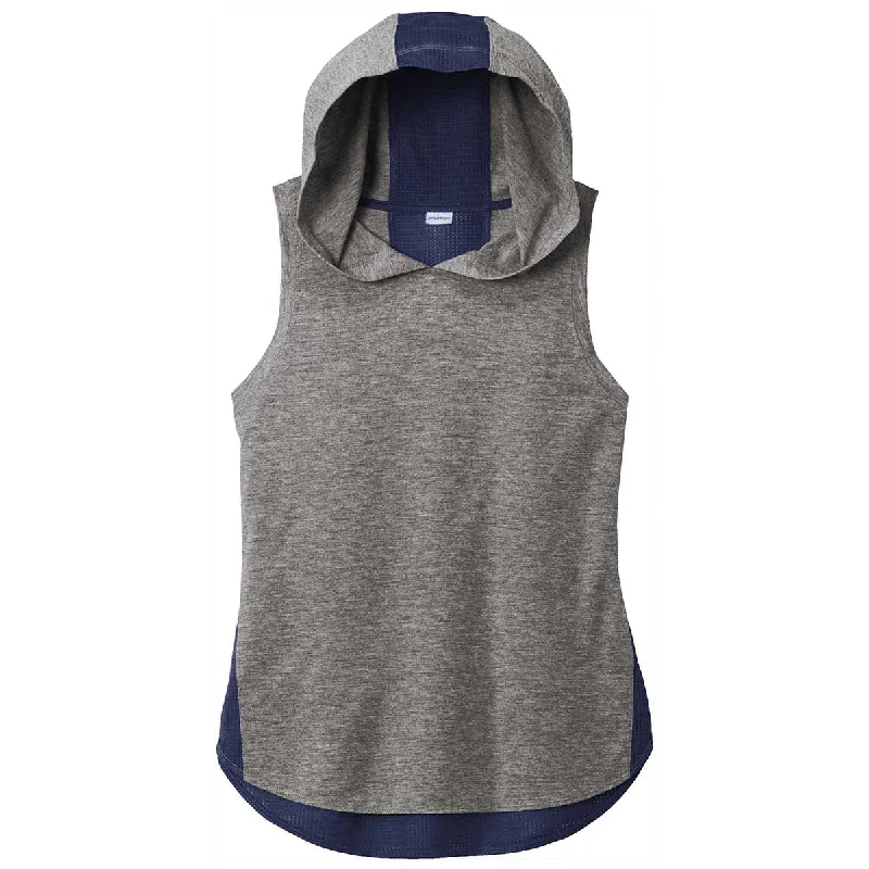 Sport-Tek Women's True Navy/Dark Grey Heather PosiCharge Tri-Blend Wicking Draft Hoodie Tank Hoodie with Raw Hem Edgy Unfinished Sport-Tek Women's True Navy/Dark Grey Heather PosiCharge Tri-Blend Wicking Draft Hoodie Tank Hoodie with Raw Hem Edgy Unfinished