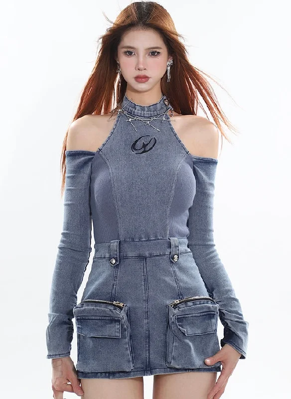 Malinda Denim Blue Letter Embroidery Stitch Knit Pocket Halter Neck Long Sleeve Cut Out Multi-Pocket Cargo Slim Mini Dress