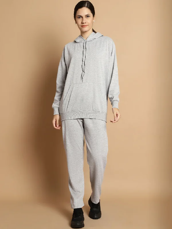 Vimal Jonney Grey Melange Solid Hooded Cotton Fleece Tracksuit for Women(Kangaroo Pockets) Hoodie with Exposed Zipper Edgy Industrial