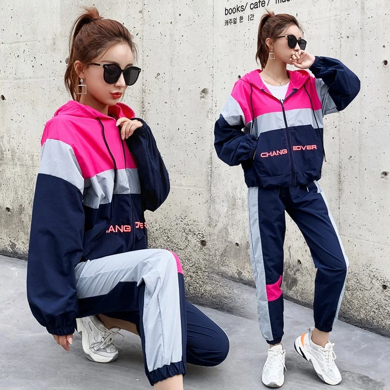 New Hooded sportswear two piece sets womens outfits 3 color patchwork vogue female Pants suit clothes Casual sweatsuit 2019 Hoodie with Drawcord Adjustable Secure New Hooded sportswear two piece sets womens outfits 3 color patchwork vogue female Pants suit clothes Casual sweatsuit 2019 Hoodie with Drawcord Adjustable Secure