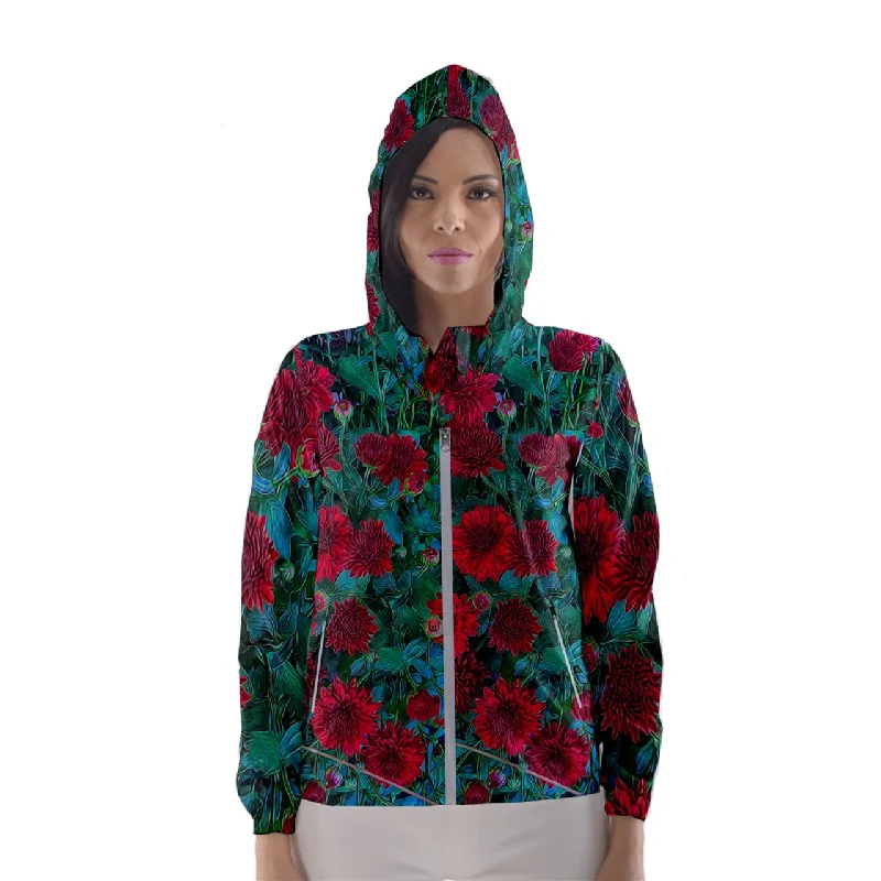 Red Mums Women's Hooded Windbreaker Hoodie with Hem Frayed Vintage Worn