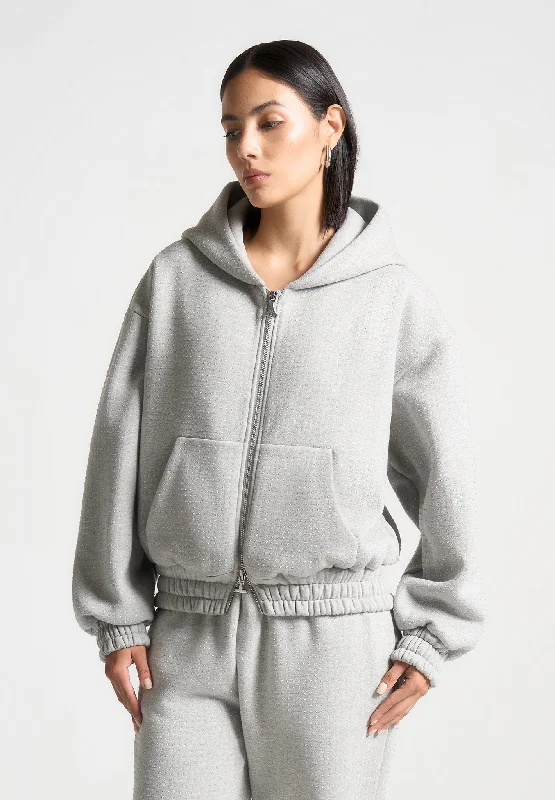 Rhinestone Zip Through Hoodie - Grey Hoodie with Zipper Placket Modern Functional