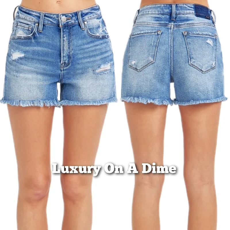 RISEN Frayed High Rise Waist Distressed Cut-off Denim Mid-length Blue Jean Shorts Trendy Flared Leg Jeans RISEN Frayed High Rise Waist Distressed Cut-off Denim Mid-length Blue Jean Shorts Trendy Flared Leg Jeans