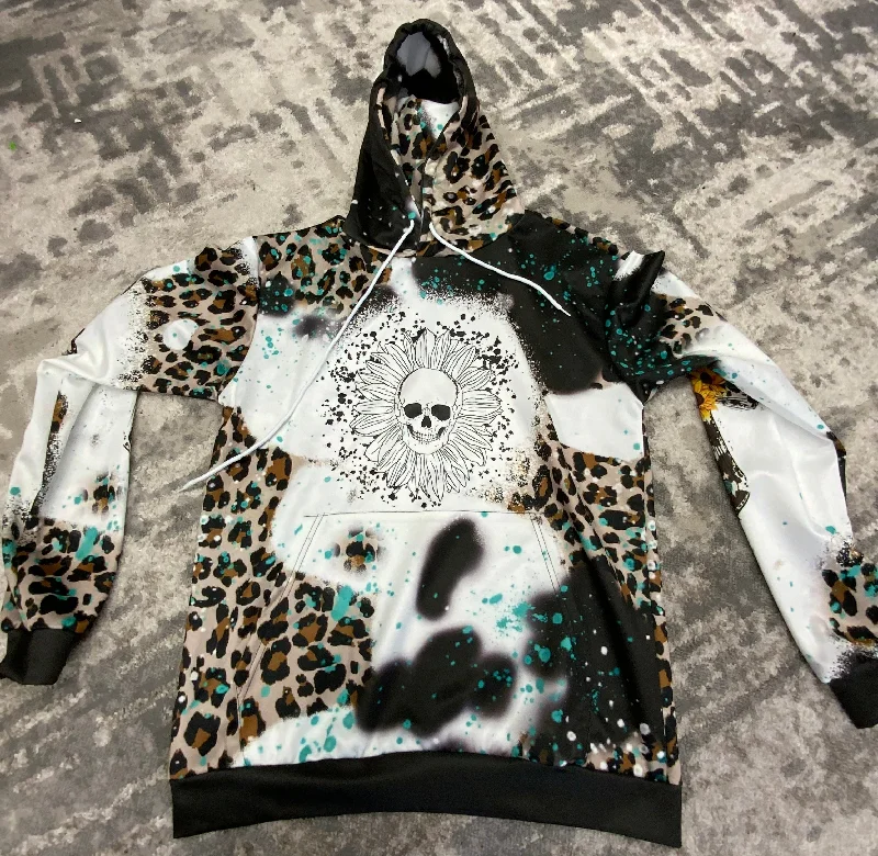Skull Sunflower Splatter - Cheetah- Cow Print-Teal Sunflower Cross Bleach Printed Hoodie Hoodie with Sequins Glamorous Eye-catching