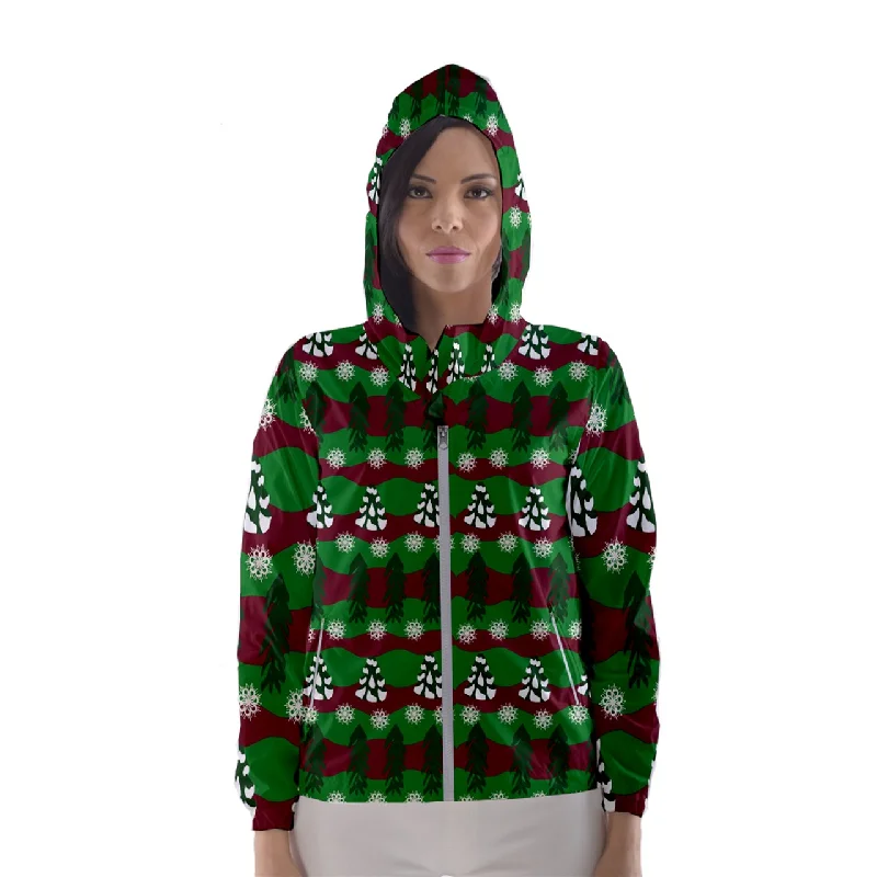 snowy evergreen pattern Women's Hooded Windbreaker Hoodie with Hem Ribbing Snug Secure snowy evergreen pattern Women's Hooded Windbreaker Hoodie with Hem Ribbing Snug Secure