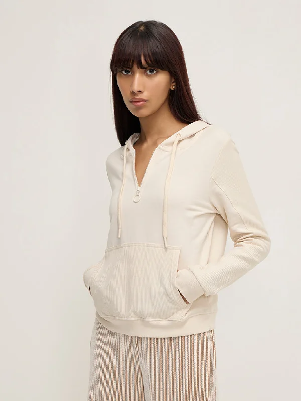 Studiofit Beige Cotton Hoodie Hoodie with Puffed Sleeves Voluminous Trendy