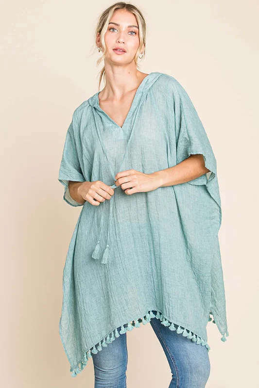 Tassel Hem Hooded Cover Up Hoodie with Bell Sleeves Flared Feminine