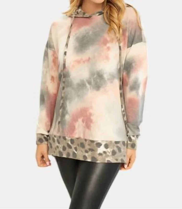 Tie Dye & Leopard Hoodie In Charcoal/mauve Hoodie with Exposed Zipper Edgy Industrial Tie Dye & Leopard Hoodie In Charcoal/mauve Hoodie with Exposed Zipper Edgy Industrial