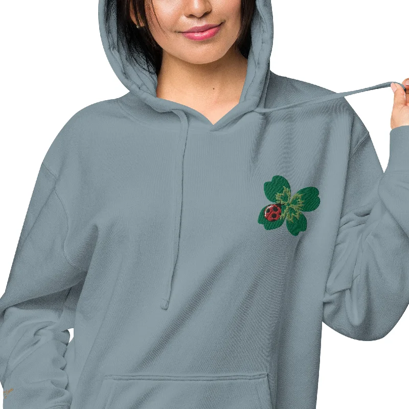 Ladybug Floral Embroidered Design Unisex Pigment-Dyed Hoodie Hoodie with Typography Text Message Ladybug Floral Embroidered Design Unisex Pigment-Dyed Hoodie Hoodie with Typography Text Message