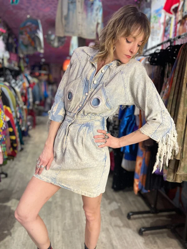 Vintage 80’s Acid Wash Fringe Denim Mini Dress