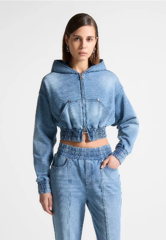 Washed Denim Jersey Hoodie - Mid Blue Hoodie with Hem Frayed Vintage Worn