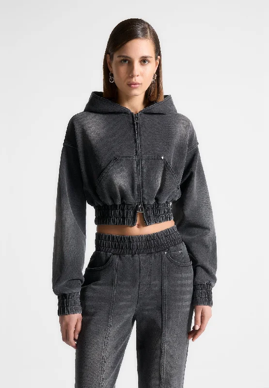 Washed Denim Jersey Hoodie - Washed Black Hoodie with Print Artistic Unique