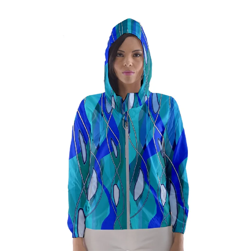 Wavy Blue Women's Hooded Windbreaker Hoodie Dress Longline Feminine
