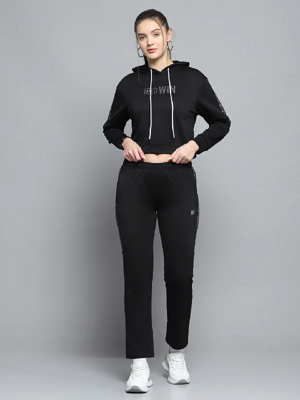 Women Black Printed Hooded Full Sleeve Tracksuit Hoodie with Drawcord Adjustable Secure Women Black Printed Hooded Full Sleeve Tracksuit Hoodie with Drawcord Adjustable Secure