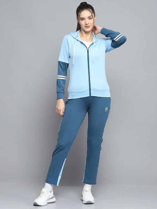 Women Blue Solid Hooded Full Sleeve Tracksuit Hoodie with Side Slits Relaxed Casual