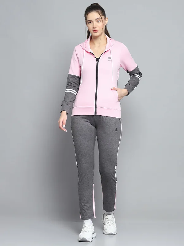Women Pink Solid Hooded Full Sleeve Tracksuit Hoodie with Hem Contrast Bold Stylish