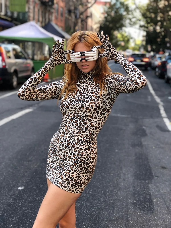 Y2K Leopard Gloves Mini Dress