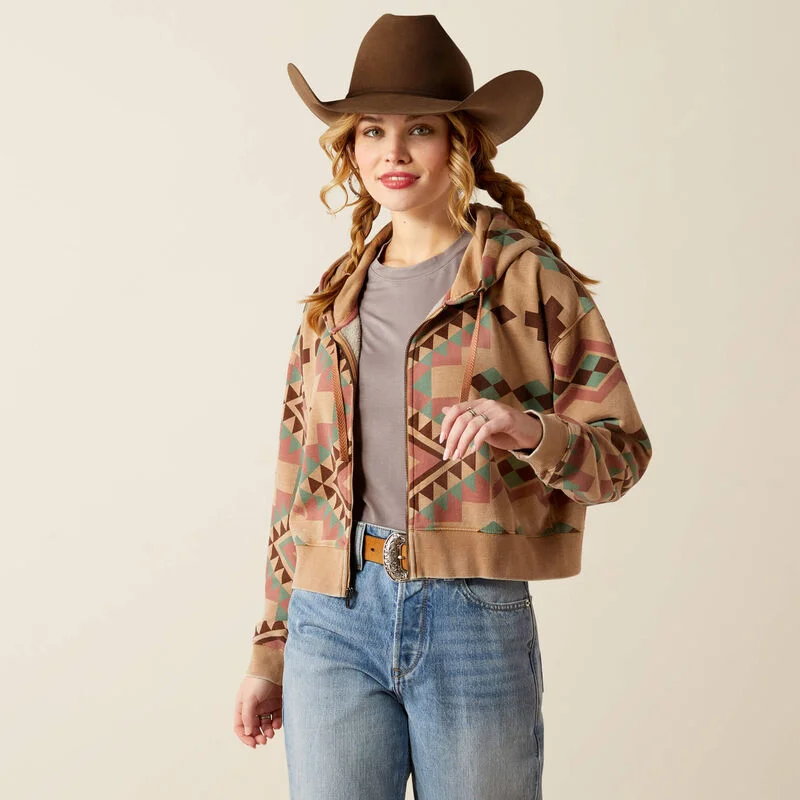 Ariat Women's Sunset Spark Geo Print Full Zip Cropped Hoodie 10053962 Hoodie with Ribbed Hem Stretchable Secure Ariat Women's Sunset Spark Geo Print Full Zip Cropped Hoodie 10053962 Hoodie with Ribbed Hem Stretchable Secure