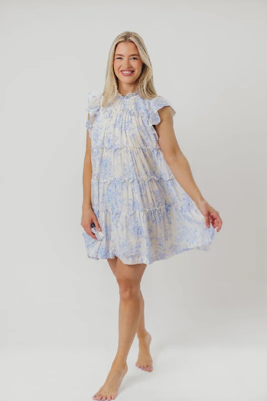 Adaline Babydoll Mini Dress with Flutter Sleeves in Off-White/Baby Blue