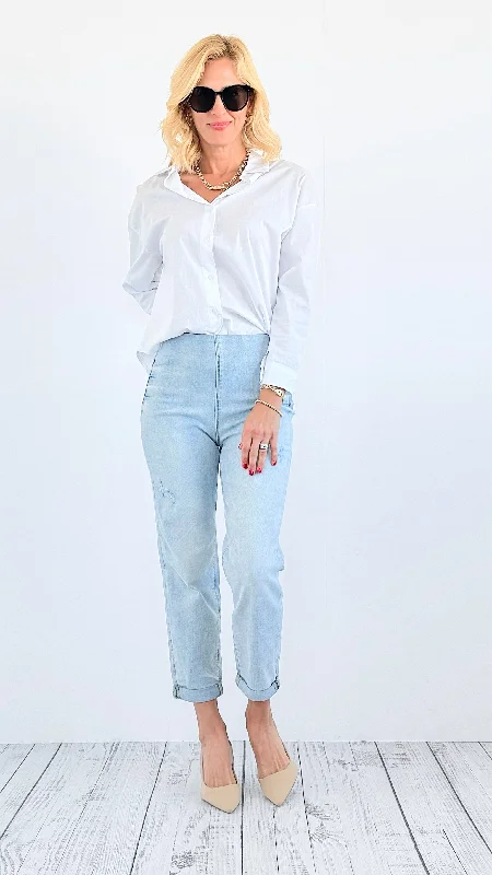 Capri High-Rise Denim Pants - Light Trendy High-Waist Trousers