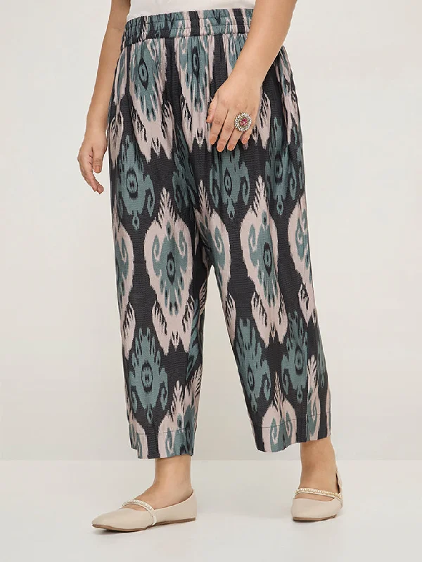 Diza Black Ikat-Printed High-Rise Ethnic Pants Slim-Fit Khaki Pants