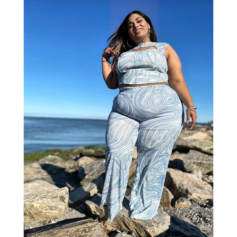 Fashion Plus Size Women Printed Hollow Sleeveless Top And Loose Wide Leg Pants Two-Piece Set Comfortable Jogger Trousers