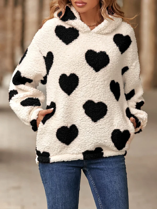 Fuzzy Heart Pocketed Dropped Shoulder Hoodie Hoodie with Exposed Zipper Edgy Industrial Fuzzy Heart Pocketed Dropped Shoulder Hoodie Hoodie with Exposed Zipper Edgy Industrial