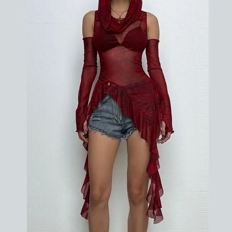 Hoodie cowl neck irregular gloves sheer mesh top Hoodie with Hem Frayed Vintage Worn Hoodie cowl neck irregular gloves sheer mesh top Hoodie with Hem Frayed Vintage Worn