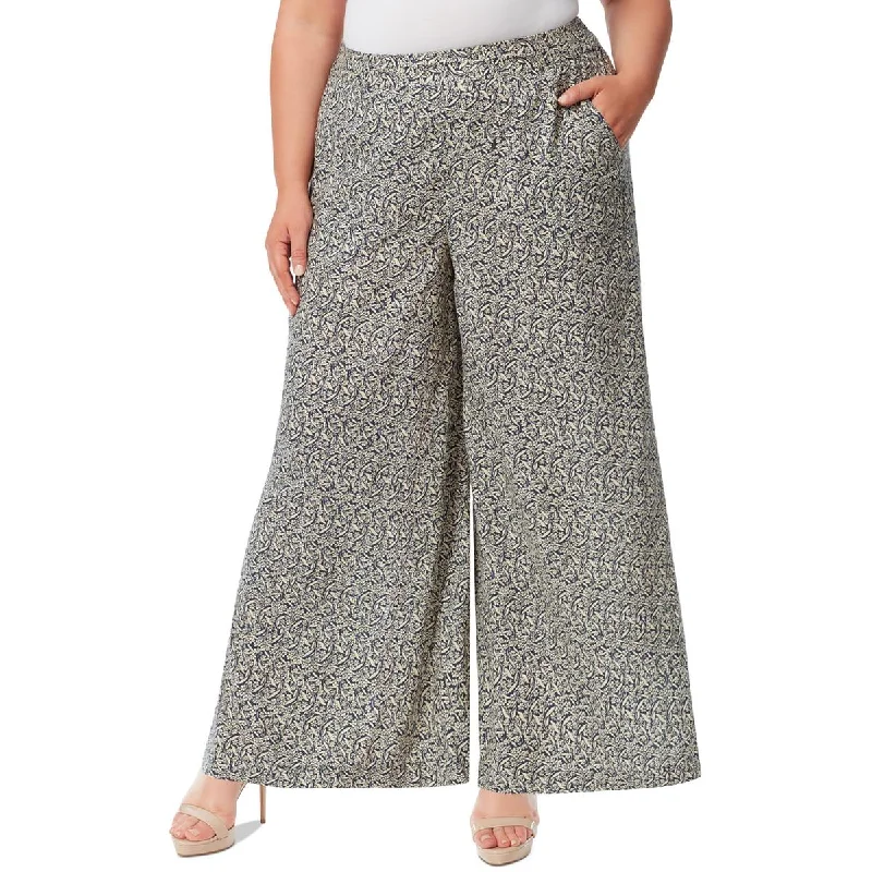 Jessica Simpson Womens Plus Shaye Mid Rise Printed Wide Leg Pants Relaxed High-Waist Trousers
