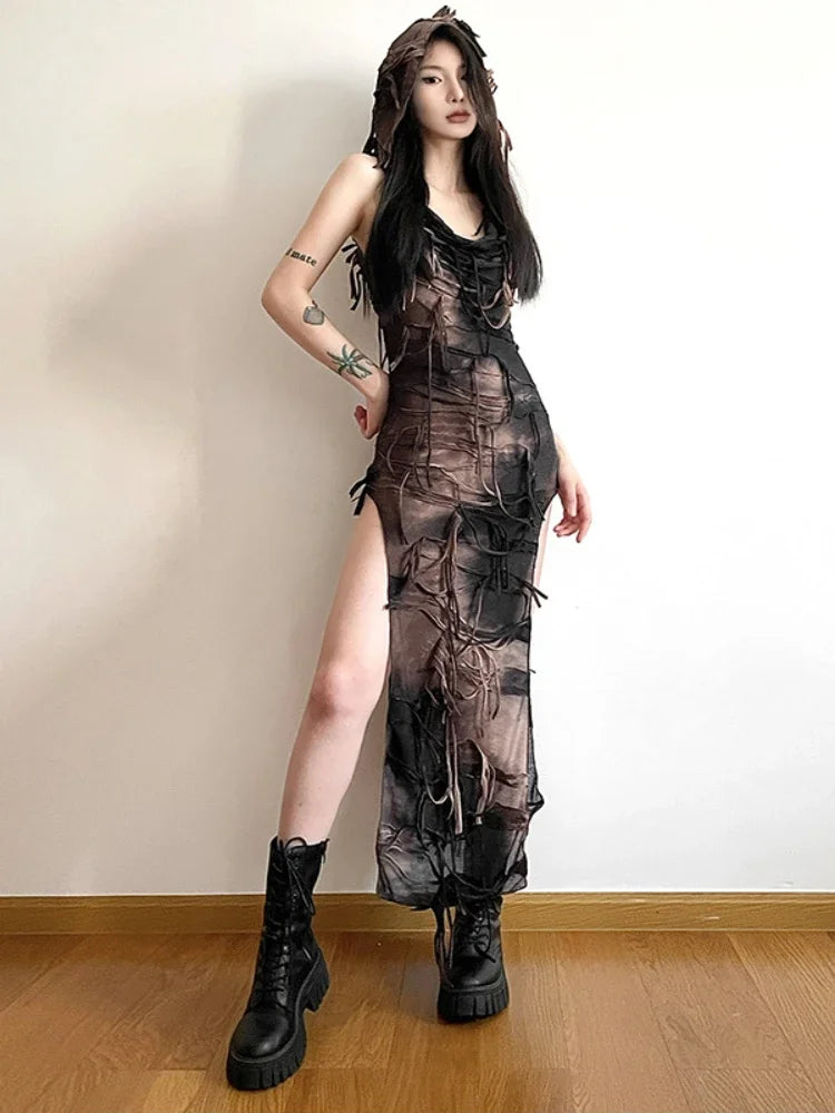 Tassel Sleeveless High Y2K Gothic Grunge Tie Fairy Midi Hooded Sexy Vintage Gown Dye Split Gown Hoodie with High-Low Hem Asymmetrical Trendy Tassel Sleeveless High Y2K Gothic Grunge Tie Fairy Midi Hooded Sexy Vintage Gown Dye Split Gown Hoodie with High-Low Hem Asymmetrical Trendy