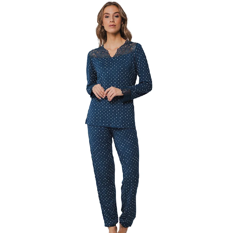 Pastunette Pyjama Set Of Long Sleeved Top V Neck  And Long Pants Slim-Fit Khaki Pants