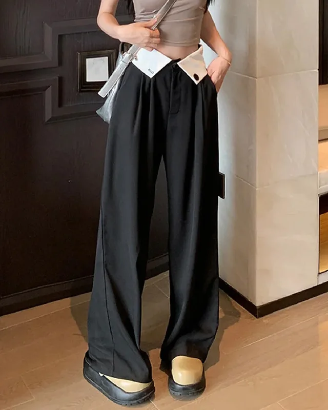 PLEATED BLACK PANTS WITH PANELLED WAIST Classic Straight Pants