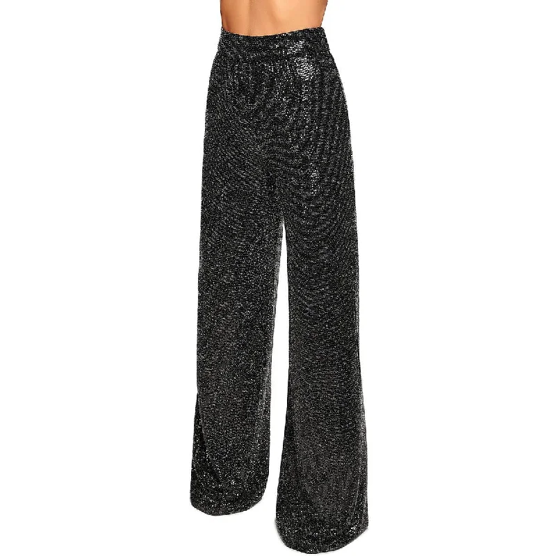 Ramy Brook Womens Gavin Metallic High Rise Wide Leg Pants Trendy Tapered Pants