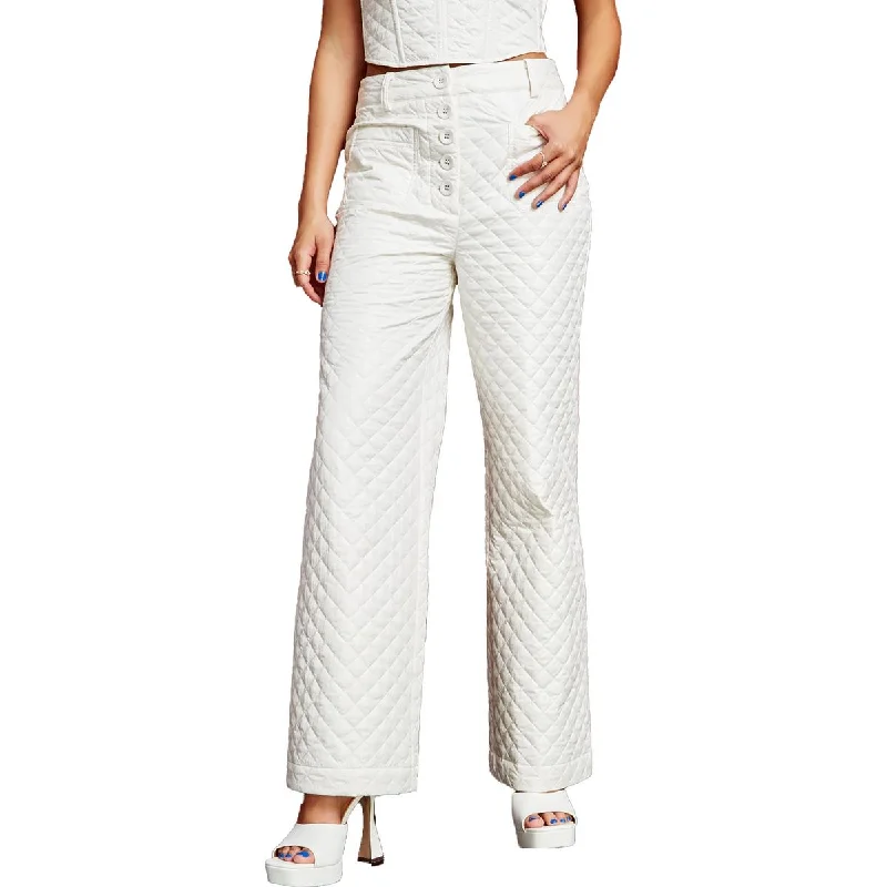 Royalty By Maluma Womens Quilted Button Fly Wide Leg Pants Soft Stretch Leggings