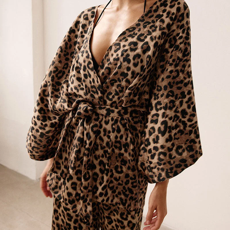Sexy Leopard Printed Wrap Robe High Waist Wide Leg Pants Lounge Set Relaxed Linen Pants