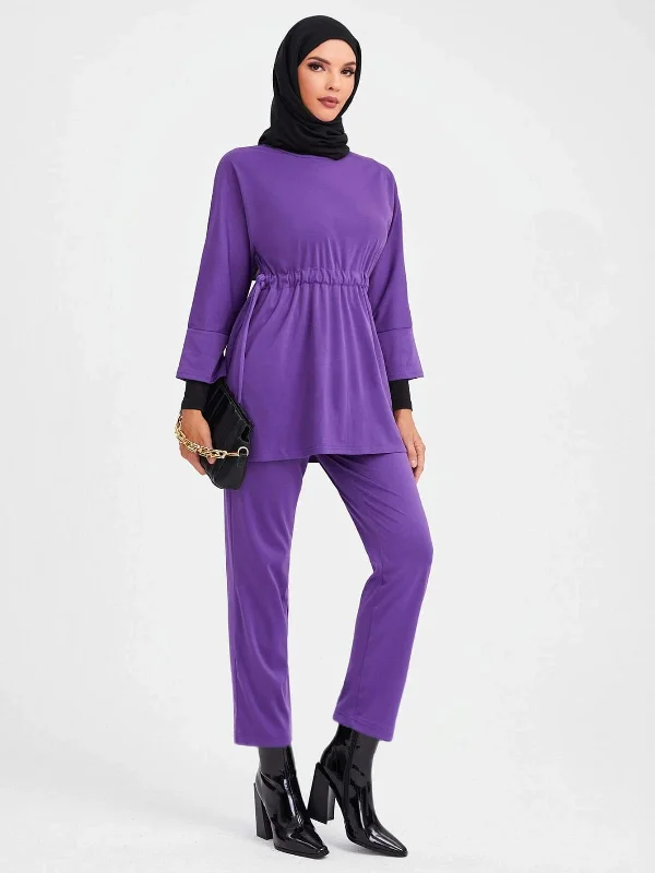 SHEIN Mulvari Drawstring Waist Top & Straight Leg Pants SD Comfy Athletic Pants