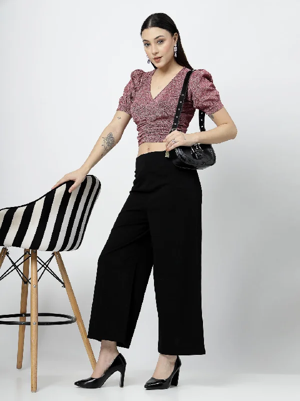 Fuchsia Front Wrap with Ruching Top and Black Pant Casual Plaid Pants