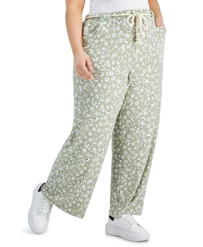 Trendy Plus Size Printed Wide-Leg Soft Pants With Rope Belt Comfortable Jogging Pants Trendy Plus Size Printed Wide-Leg Soft Pants With Rope Belt Comfortable Jogging Pants