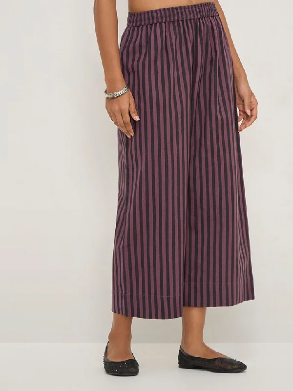 Utsa Purple Striped High-Rise Cotton Blend Ethnic Pants Stretch Fit Pants