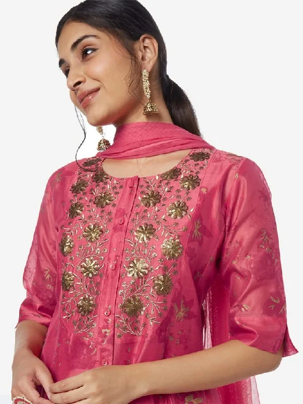 Vark Dark Pink Kurta, Ethnic Pants And Dupatta Relaxed Fit Trousers