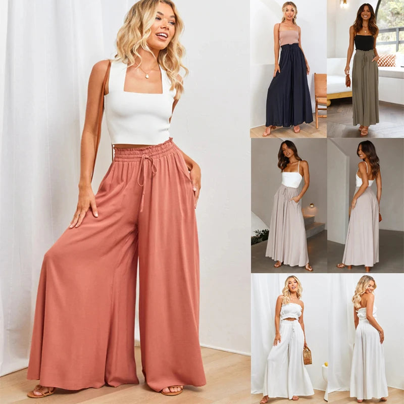 Women's High Waist Fashion Designer Draw String Pants Relaxed Fit Trousers