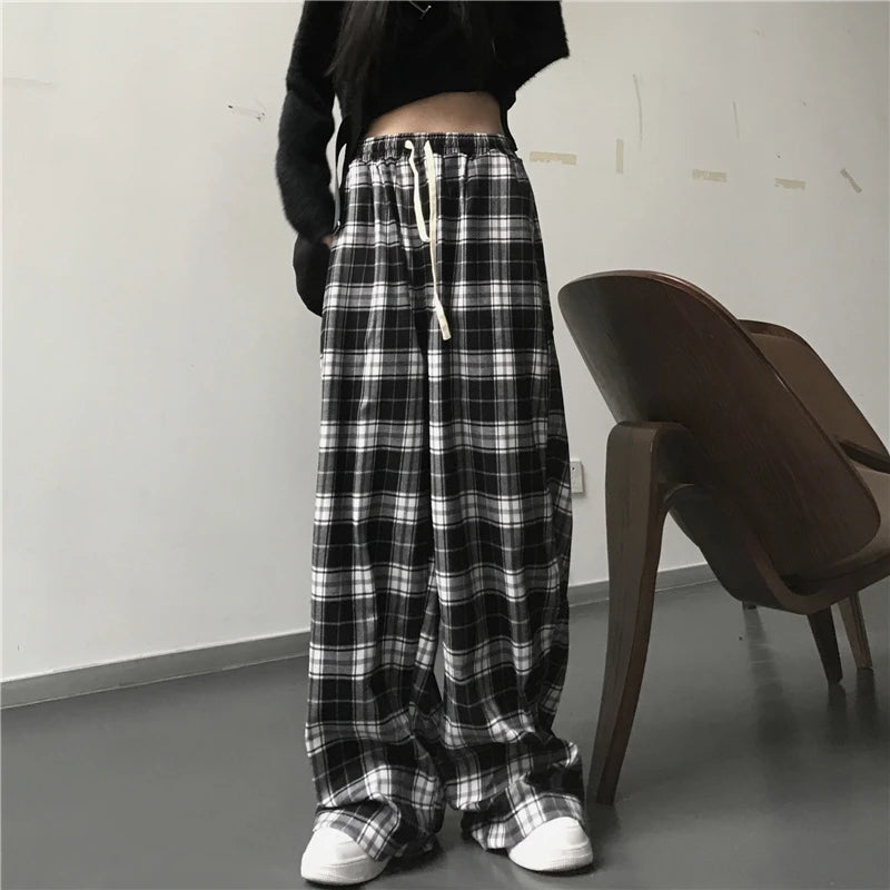 Women's Plaid High Waist Skinny Fashion Designer Baggy Pants Relaxed High-Waist Trousers