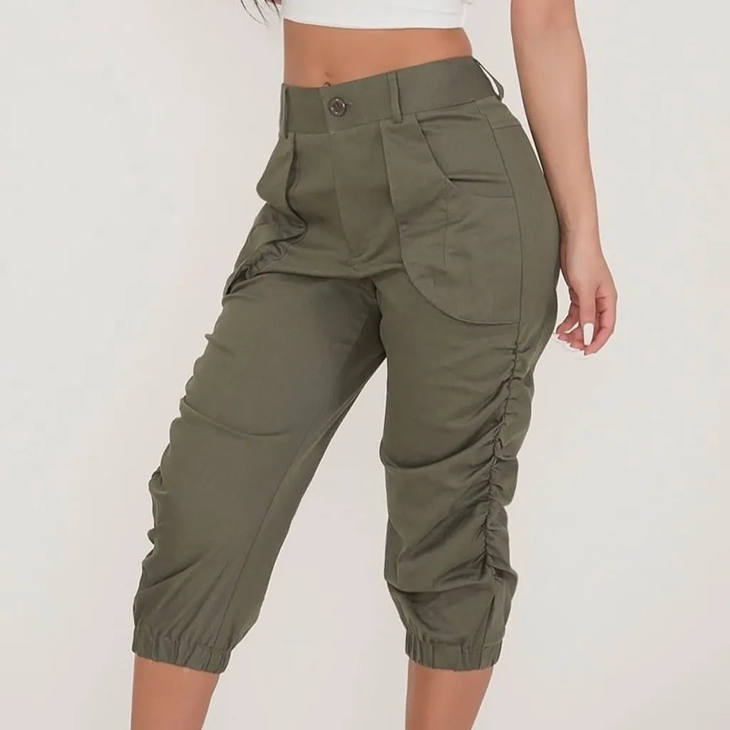 Women's Relaxed Fit Ruched 3/4 Fashion Designer Cargo High Waist Pants Modern Skinny Pants