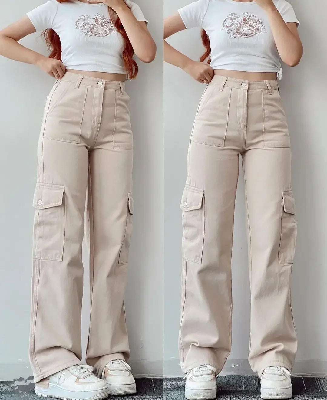 Women's Straight High Waist Fashion Designer Cargo Pants Relaxed High-Waist Trousers