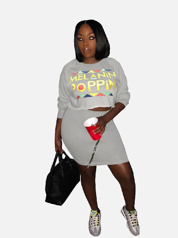 2 Pieces Black Pop Print Sweatshirt Top Mini Skirt Sets silk skirt lustrous