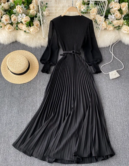 Fashion Modern Design Women's Elegant Round Neck Long Sleeve French Pleated Long Skirt belted skirt waist Fashion Modern Design Women's Elegant Round Neck Long Sleeve French Pleated Long Skirt belted skirt waist